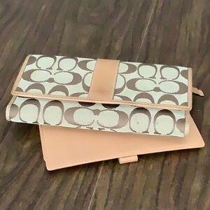 Coach Tan and Cream Key Card Holder with Geometric Pattern